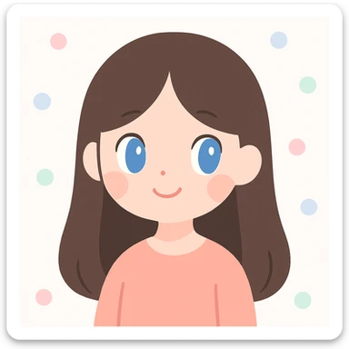 portrait of a girl with long straight brunette hair and blue eyes, clean background, modern illustration style sticker