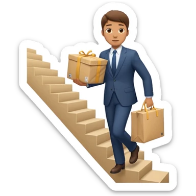 male figure with a large parcel ascending stairs, no text sticker