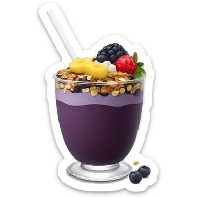 Açaí in a clear cup with layers of fruits and granola and condensed milk sticker