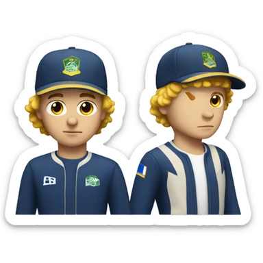 young white guy with small wavy hair brazilian race suit and hat serious sticker