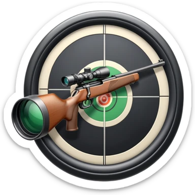 A detailed rifle with a scope, pointing towards a perfectly centered target with concentric rings. The scene highlights the precision and focus required in sports shooting, with no shooter in sight, just the rifle and target in a calm, focused setting. sticker