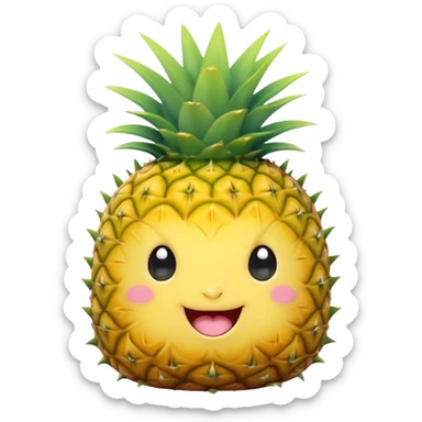 Cute Kawaii Pineapple, tiny and round, bright golden yellow with a spiky green top, chubby cheeks, playful winking expression, soft pastel textures, sweet and tropical vibes! sticker