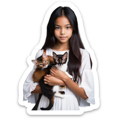 beautiful girl with long black hair wearing a white dress holding an Abyssinian cat with reddish-brown fur in her arms, close-up sticker