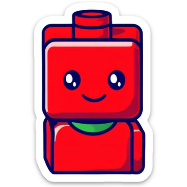 A cartoon red Lego brick with a cute face and rosy cheeks sticker