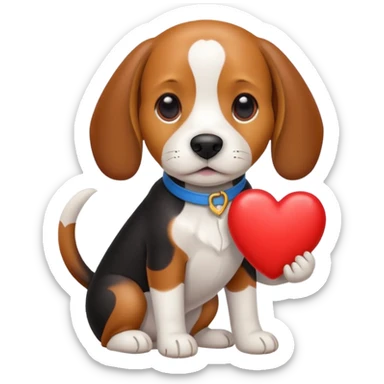 tri-color beagle dog holding heart sticker