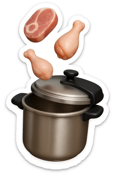emoji stile iphone in 3d di una pentola a pressione dentro cui cadono agnello, pollo e tacchino crudi da cuocere, iperrealistico 4k sticker