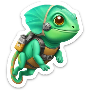 A chameleon flying around with a jetpack sticker