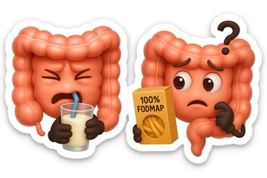 emoji stile iphone di un intestino che beve latte e ha un espressione di dolore e un intestino che guarda un pacco di pasta con la scritta "100% FODMAP" SULL'ETICHETTA CON ESPRESSIONE CONFUSA, iperrealistico 4k, isolato su sfondo bianco sticker