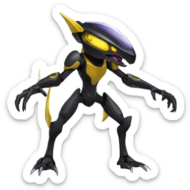 a shiny black-yellow Genesect-Raptor-Fakémon—hybrid with a futuristic visor-helmet full body sticker
