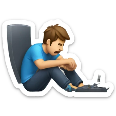 Tired man playing games on computer  sticker