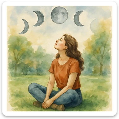 watercolor style of a woman sitting on the grass in a park, looking up, surrounded by the moons of the 4 phases sticker