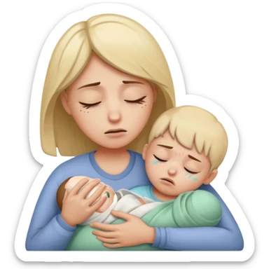 exhausted parent holding a sick child sticker