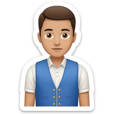 a man with a white shirt and a blue. vest sticker