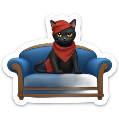 A black cat with a red bandana clawing at a blue sofa sticker