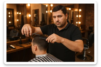 sartaroshxonada mijozlarni sochini olayotganin  tasvirlab ber juda yosh ham katta ham bo'lmasin semiz ham bo'lib ketmasin o'smirin davrini yuzi ko'rinmasin sticker