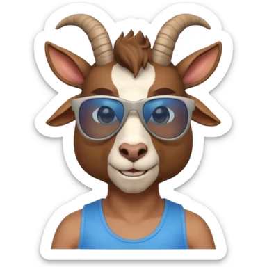 3D cartoon goat man portrait, head and shoulders, brown fur, small horns, blue reflective sunglasses, slight smile, tank top, soft lighting, centered, clean background, no text, no watermark
 sticker