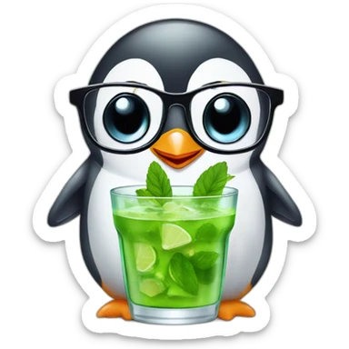 baby penguin with big glasses drinking mojito sticker