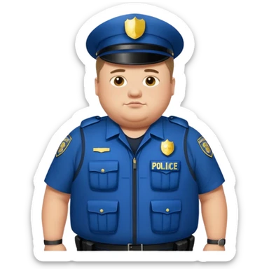 A fat police man with Down syndrome, with a armor vest that has a name tape that says Keller sticker