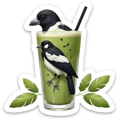 It’s an Australien Magpie (just black and white feathers) sitting on an iced matcha latte on the edge of the glass. It has green matcha on its beak indicating it drank. The iced matxha latte is in a see through glass and white from the oat milk on the bottom and green on top… one straw and ice cubes sticker