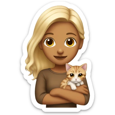 tan girl with blonde hair holding a tortoiseshell kitten  sticker