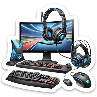 An icon featuring a gaming setup with a high-tech monitor displaying a competitive game, a keyboard, and a gaming mouse. The design includes a headset and a trophy, symbolizing victory and skill in esports. Transparent background highlights the energy and precision of professional gaming. sticker