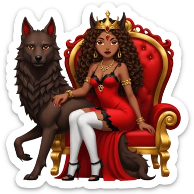 Lilith symbol seductress evil brown curly long hair haired, sexy succubus woman with red and black Chanel dress sitting on a Black and gold throne. A large black wolf laying beside he sticker