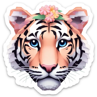 Pixel art of a pixel pink peach beige blue cream pastel pixel tiger wearing tropical flowers and leaves, flower crown, floral, pixel sticker