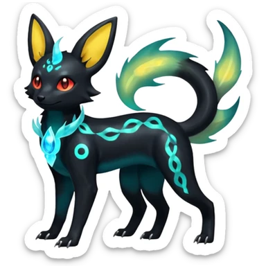 Shiny Fiery Ethereal Eldritch Cool Edgy Badass Punky Aural Iridescent Fluorescent Bioluminescent Umbreon-Amaura-Salandit-Litten-Flareon-Fakémon-fusion (full body)  sticker