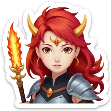 “Pastel red background, a fiery warrior girl character (anime/cartoon style) in the center. On top: ARIES in bold. Below in cursive: ‘Fire Fairy’. At the bottom: ‘Brave, passionate, always leading.’ ✨🔥⚔️” sticker