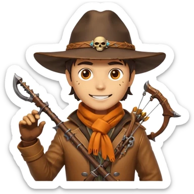 male human monster hunter emoji, wearing brown leather coat and wide hat, holding crossbow or rifle, with amulet shaped like skull, Halloween fantasy theme, confident smile, orange scarf, Apple emoji style, clean white background, square image sticker