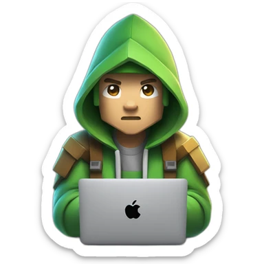 minecraft coder typing on macbook aggressively wearing a hoodie and the macbook apple logo is a creeper face instead sticker