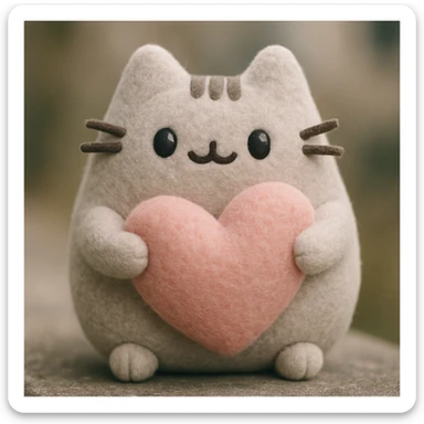 Pusheen hugging a big heart, pastel colors, adorable, plush portrait style sticker