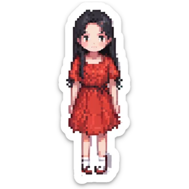 Lilo-inspired girl, pixel art style, red dress, black hair, simple and cute sticker