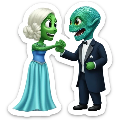 alien reptilian green skin woman, in long slim pastel blue formal party satin dress with gradient shiny sparkling navy blue diamonds embroidered , and caucasian man in black dres on his knees asks her to marry her sticker