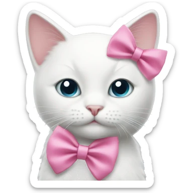 A white cat holds a pink bow in his hands sticker