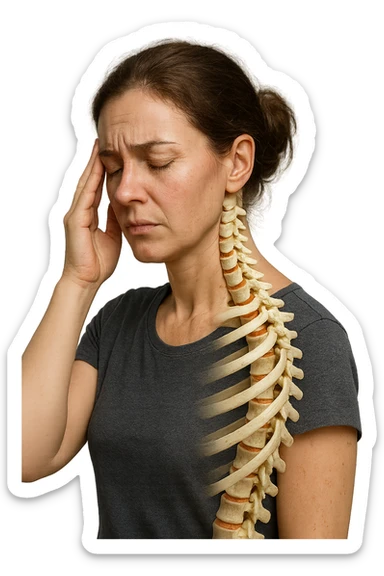 donna stanca che si tiene una mano sulla tempia con spina dorsale anatomica visibile, iperrealistico 4k sticker