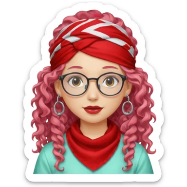 girl with long curly peppermint hair and single-color bandana and glassess and earring sticker