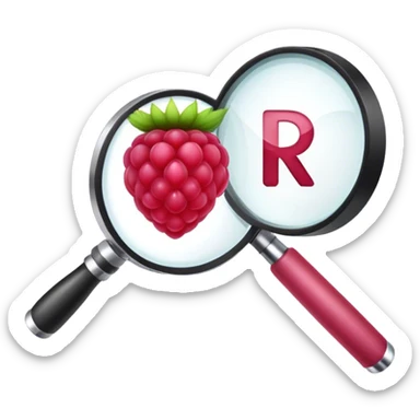 A raspberry R letter holds a magnifier sticker