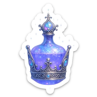 small luxurious crystal elixir bottle in crown shape, color #7986cb, ornate silver and iridescent details, maximum magical glowing and sparkling effects, very small neck, seamless bottom, bottle clearly floating in air, no base or shadow, modern, collection style sticker