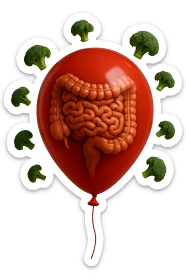 palloncino con intestino umano anatomico all'interno, attorno al quale fluttuano dei broccoletti, iperrealistico 4k sticker