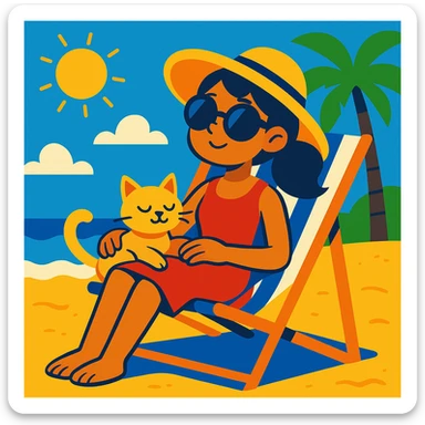 girl sitting in a beach chair with her cat, sunny summer day, vibrant toon style sticker