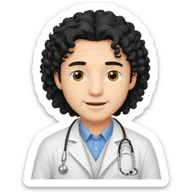 a young male doctor with black long curly hair and cheerful face sticker