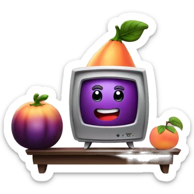 eggplant watching TV with a peach sticker