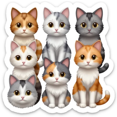 6 realistic looking cats with different natural coloured coats, assorted grey and white, greys, calico, brown and white colours etc
 sticker