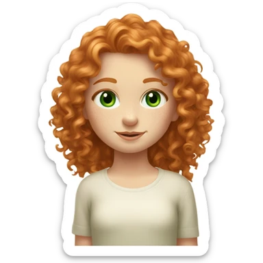 a ginger curly girl with long hair, delicate freckles and face, green eyes and elegant aesthet sticker