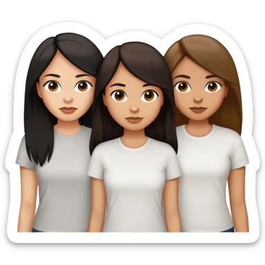 Three women, light skin with dark brown long hair, tan skin black long hair, and tan skin dark brown short hair, white tee sticker