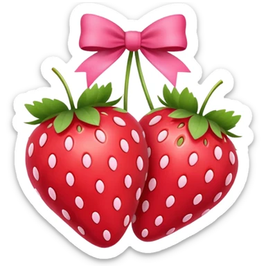 Two strawberries with a pink bow on the stem, with a pink background and white dots sticker