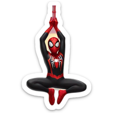 Spiderman Miles morales doing a meditation upside down hanging from a web sticker