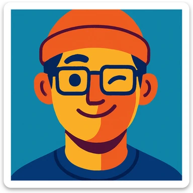 a guy with rectangle glasses wearing a beanie, winking, clean modern illustration style sticker