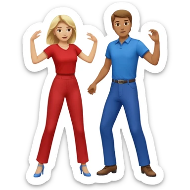 Two people dancing. Man in red shirt and pants with brown hair. Women in blue shirt and pants with blond hair. sticker